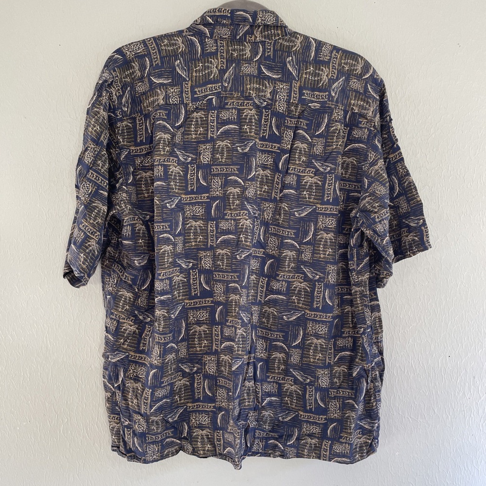 Reyn Spooner Shirt Mens Large‎ Vintage Navy Blue Palms Hawaiian Button Up Rayon - Picture 4 of 4